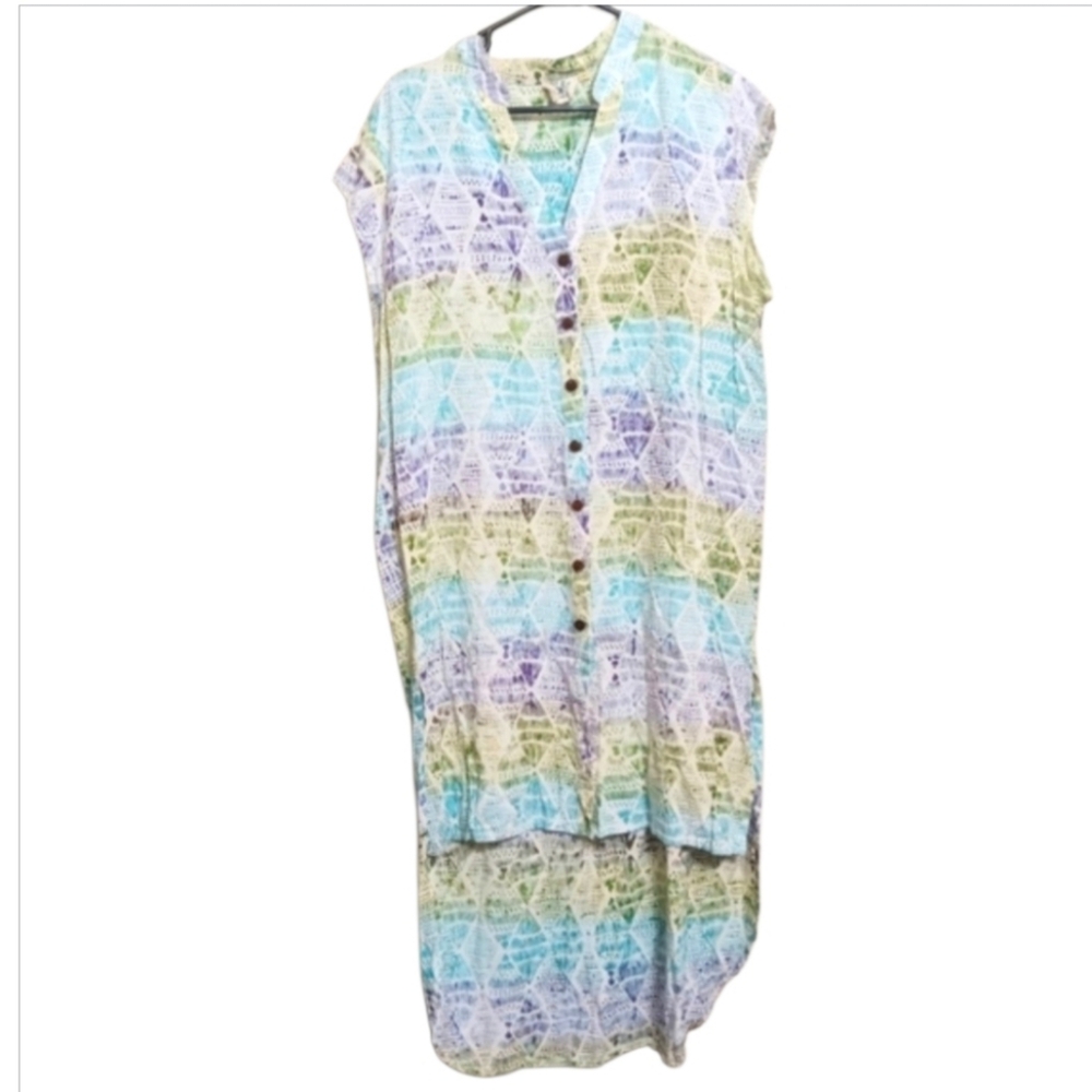 Go Fish Purple Green Ikat Rayon Button Front Hi Low Dress